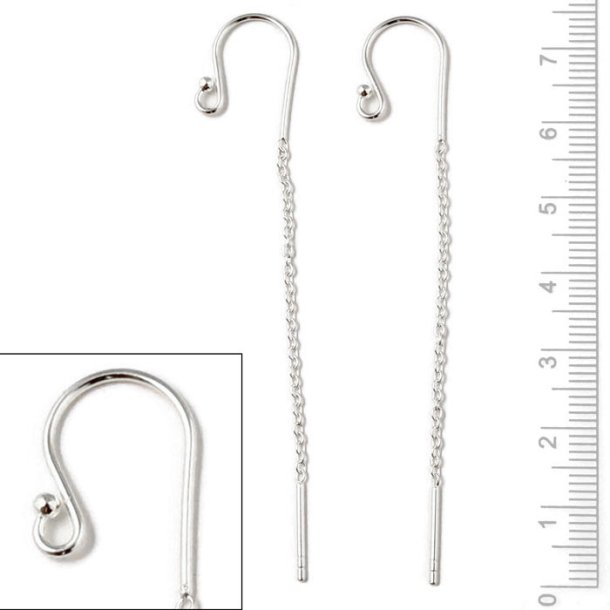 Earwires with ball, chain and peg, silver, total length 75mm, 2pcs