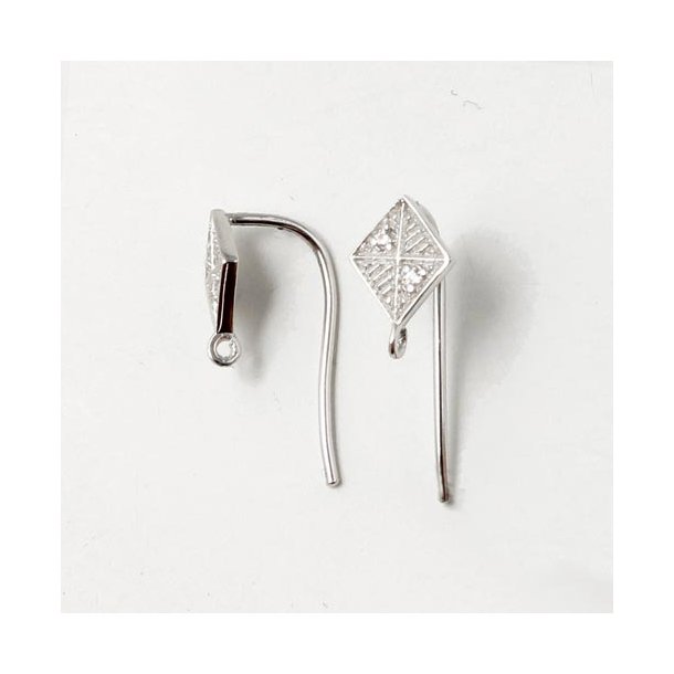 Exclusive Earwires, Sterling silver, striped diamond-shape with Zirconia and eye, 20x7mm, 2pcs.