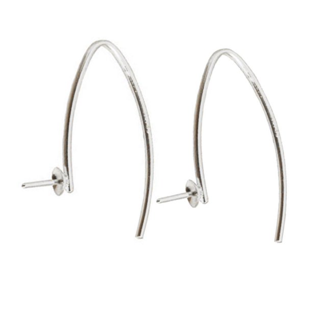 Earwires, silver, pointy shape with cup and pin for half drilled beads, 23mm, 2pcs