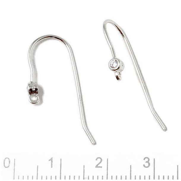 Earwires with crystal and open loop, Sterling silver, 27 mm, 2pcs