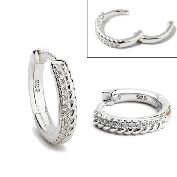 Hinged hoop with 24 clear zirconia, Sterling silver, 14x2.8 mm, 2 pcs.