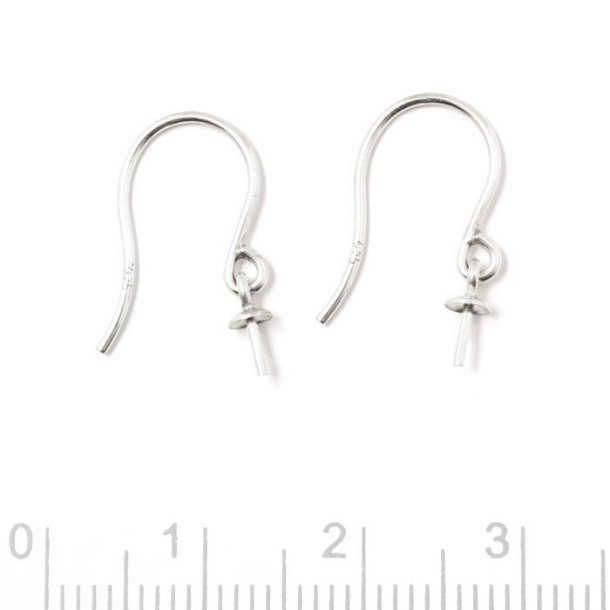 Earwires, silver, standard with hanging cup pearl bail pin, 17mm, 2pcs