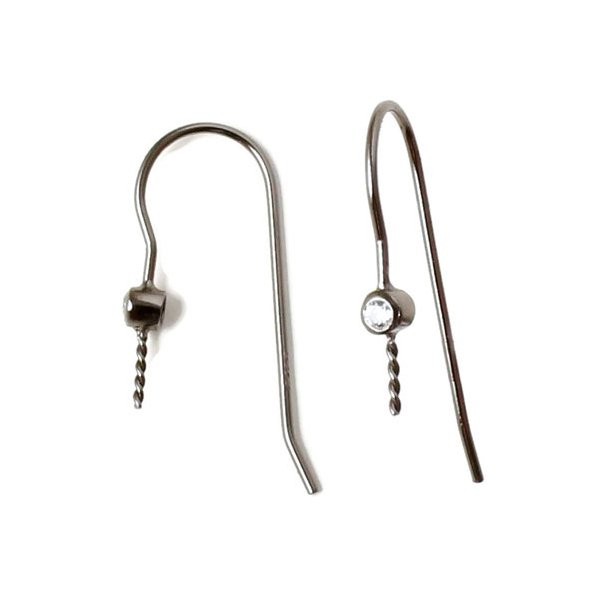 Earwires with pin and crystal, oxidized silver, 27x3mm, 2pcs