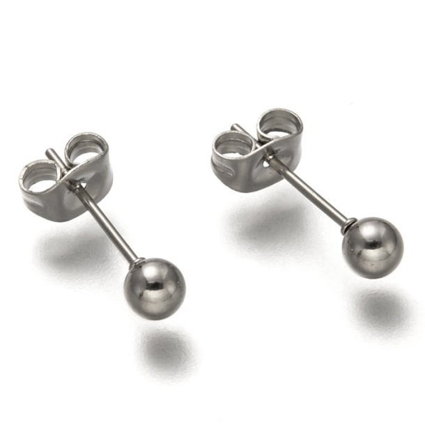 Earstuds with4 3mm ball,, stainless steel, earnuts included, 4 pcs