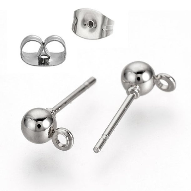 Ohrstecker mit 4 mm Kugel und geschlossenem Auge, Chirurgenstahl, mit Schl&ouml;ssern, 6 St&uuml;ck.