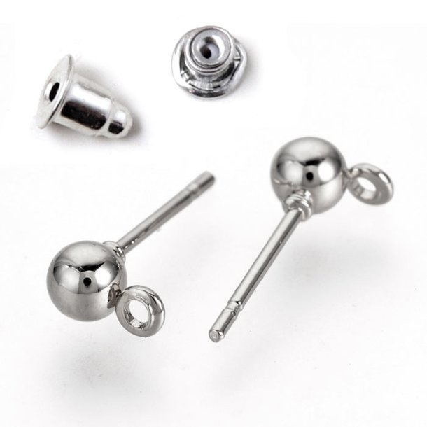 Earstuds with 4 mm ball and closed loop, stainless steel, 6 pcs