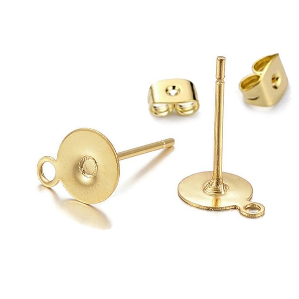Earstuds, flat 6 mm pad with eyelet and earnuts, gold plated, stainless steel, 6 pcs