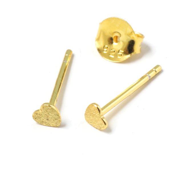 Earstuds with brushed heart, gold-plated silver, 14x4mm, earnuts included, 2pcs