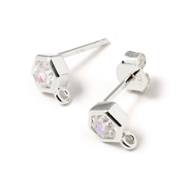 Earring with hexagonal zircon and loop,  silver, width 5.3 mm, 2 pcs