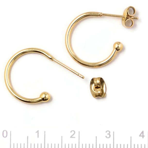 Earring, open hoop with 3 mm ball, gold plated steel, 17x22mm, 4 pcs.
