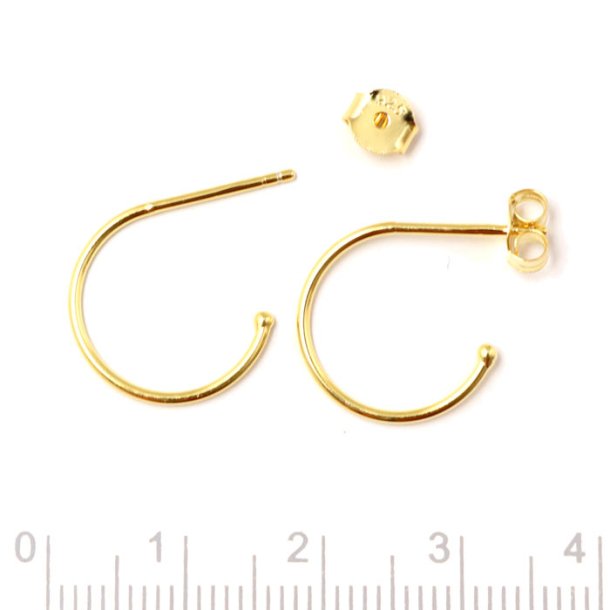 Round earstuds, open loop with peg, gold-plated silver, 15 mm, 2pcs