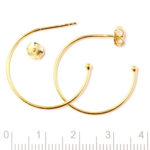 Round earwires, open loop with peg, gold-plated silver, 25 mm, 2pcs