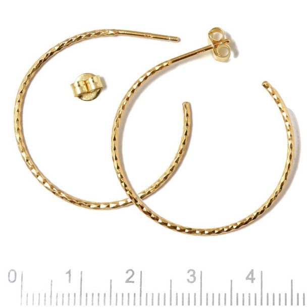 Round twisted earwires, open loop with peg, gold-plated silver, 30 mm, 2pcs