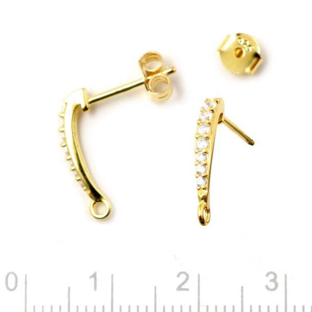 Earstuds, bow-shaped with zirconia and loop, gold-plated silver, 15x2mm, 2pcs