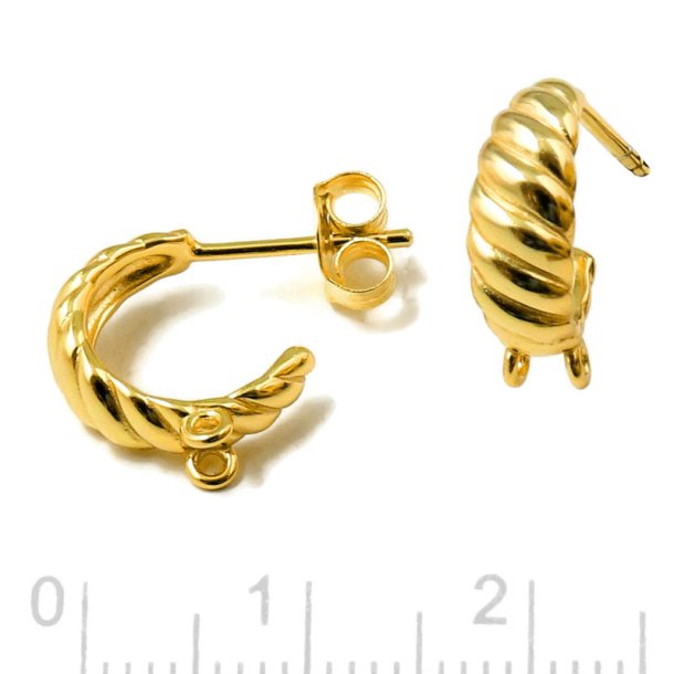 Ear stud, open bow with 2 loops, twisted pattern, gold-plated silver, 19x4.8 mm, 2 pcs