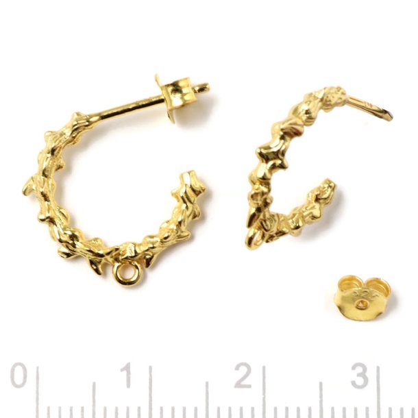 Earstuds, uneven open arch with closed loop, gold-plated silver, 15mm, 2pcs