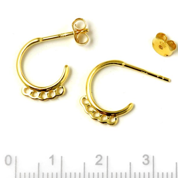 Earstuds, open arch with 5 loops, gold-plated silver, diameter 12mm, wire 1.8mm, 2pcs