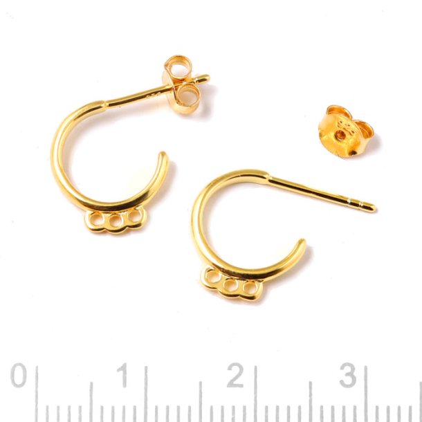 Earstuds, open arch with 3 loops, gold-plated silver, diameter 12mm, wire 1.8mm, 2pcs