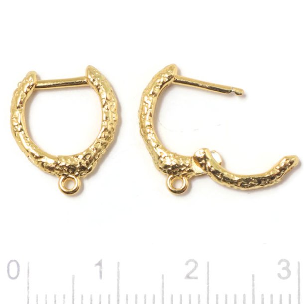 Hinged ear stud, hammered with loop, gold-plated silver, 13x2.5 mm, 2 pcs