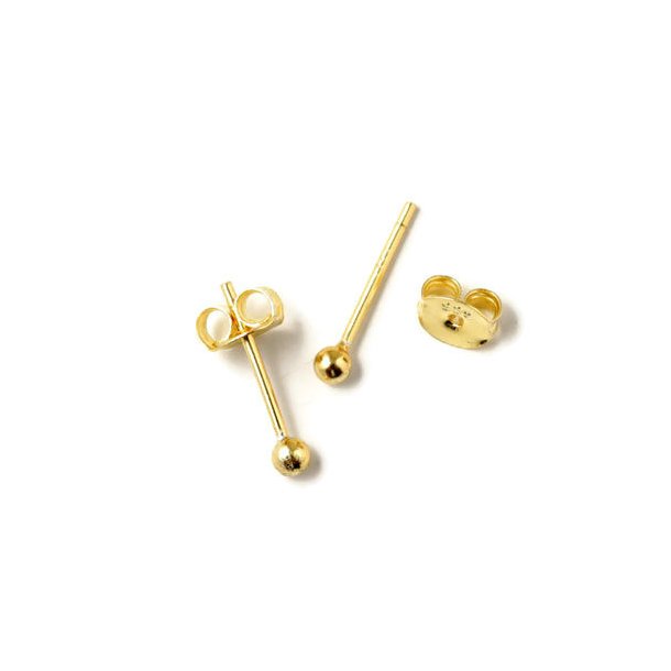 Earstuds with 2 mm ball, gold-plated silver, total length 13 mm, 2pcs