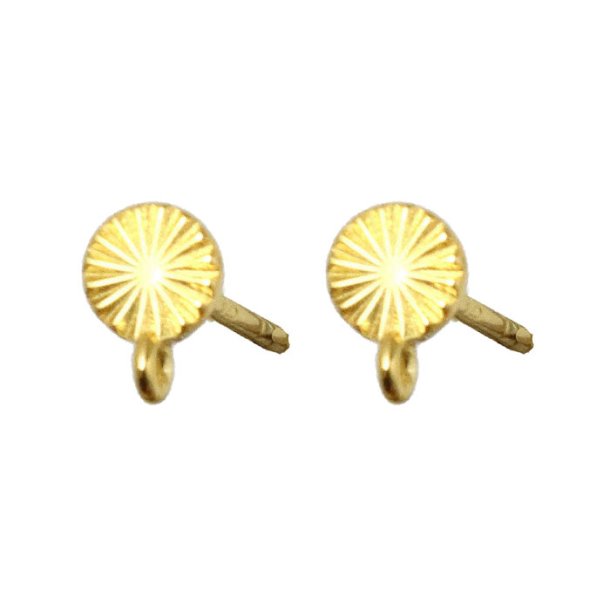 Earstuds, round flower cut 4 mm pad with loop, gold-plated silver, 2pcs.