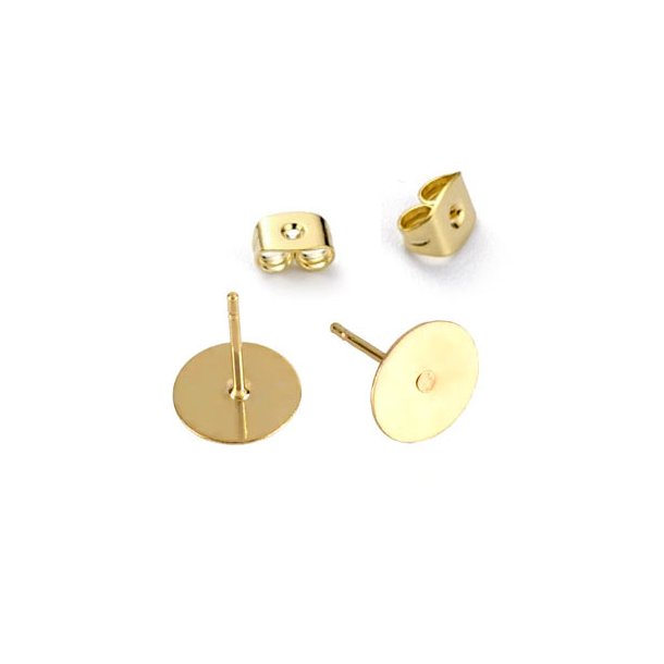 Earstuds with flat pad, gold-plated steel, earnuts included, 4mm, 6pcs