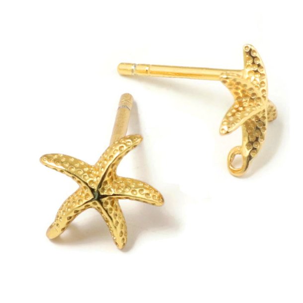Ear stud, starfish with closed loop, 10x8,5 mm, gold-plated silver, 2 pcs.