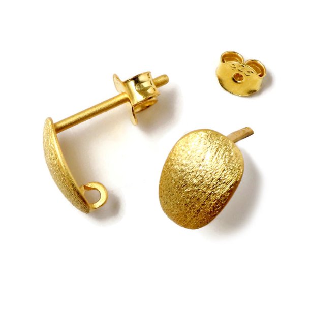Stud earrings with brushed curved oval with eye, gold-plated silver, 9x6.5 mm, 2 pcs.