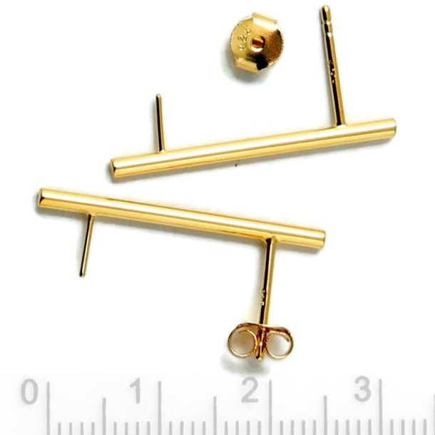 Earstuds, shiny round bar and peg for half-drilled beads, gilded silver, 26x1.8mm, 2pcs.