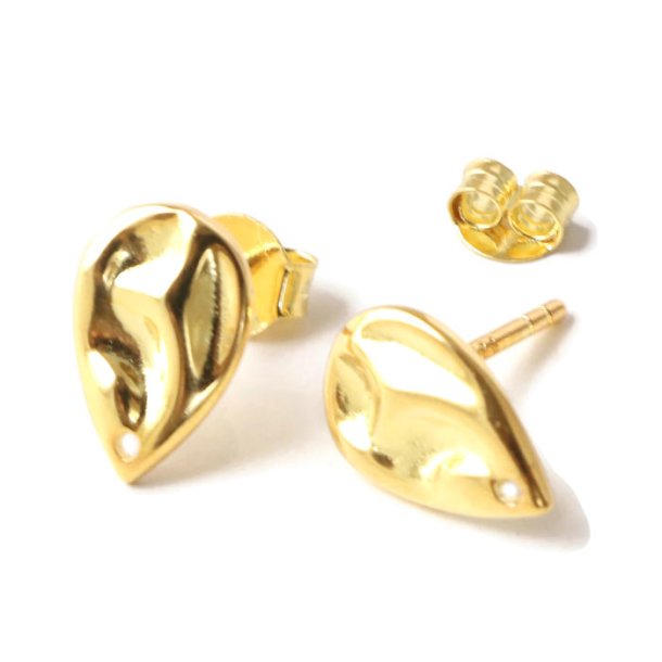 Earstuds, uneven drop shape with hole, shiny, gold-plated silver, 10,5x7mm, 2pcs