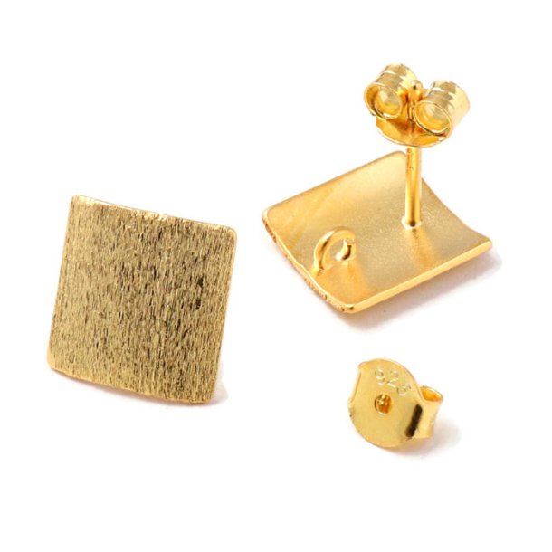 Earstuds, brushed square, gold plated silver, 10x10mm, 2pcs