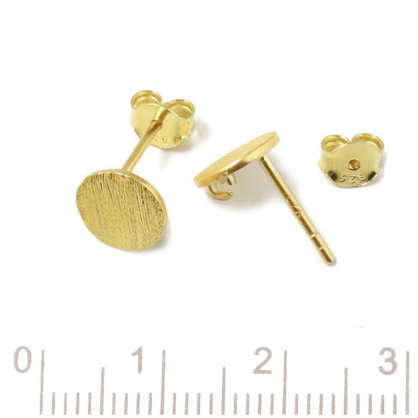 Earstuds with flat brushed coin with loop, gold-plated silver, diameter 8mm, 2pcs