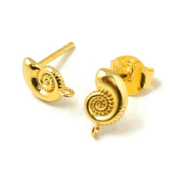 Ear stud, sea snail shell with open eye, gold-plated silver, 9.5x6 mm, 2 pcs