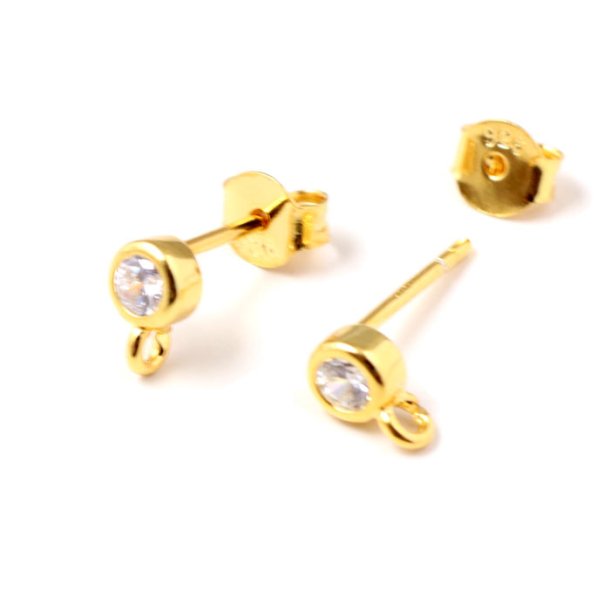 Earring with round zirconia and open loop, gold-plated silver, width 4.2 mm, 2 pcs