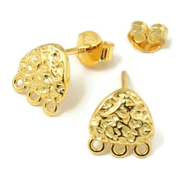 Ear stud, uneven triangle with 3-loops, gold-plated silver, 9x8,5 mm, 2 pcs