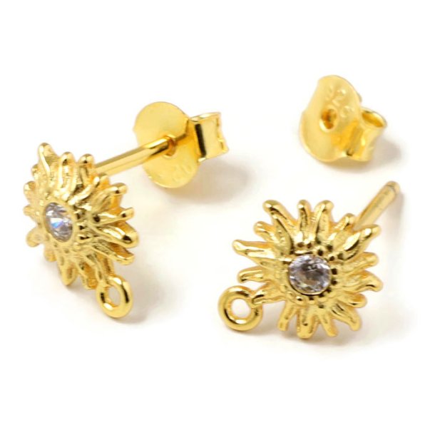 Earstuds, flower with CZ and loop, gold plated silver, width 10x8 mm, 2 pcs