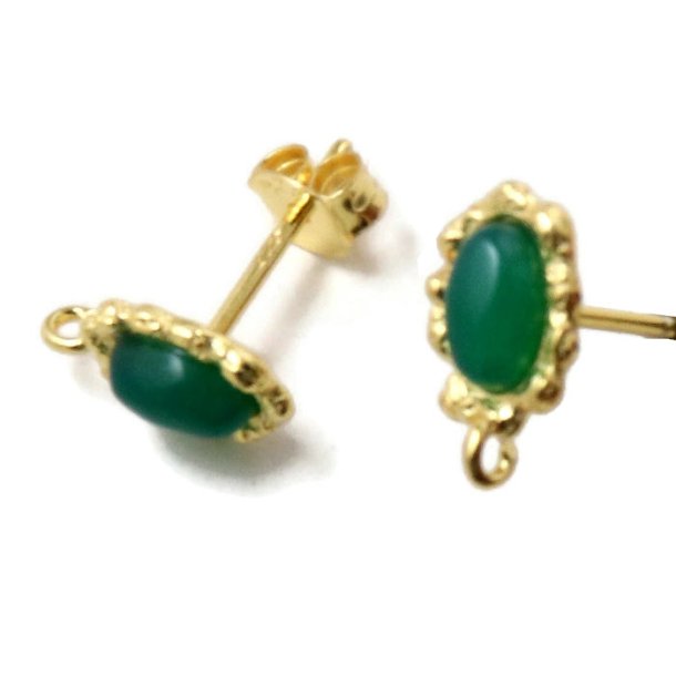Earstuds with green onyx, gold-plated sterling silver, 11,5x7x14mm, 2pcs.