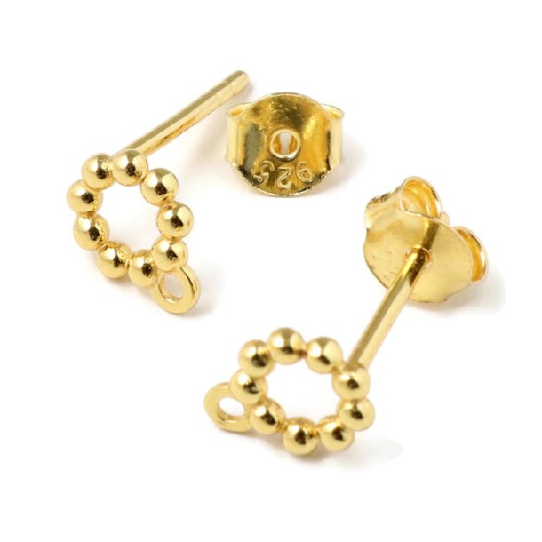 Stud earrings, polished, ball ring with eye, gold-plated silver, 12x6 mm, 2 pcs