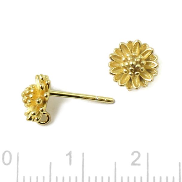Ear stud, Dalia flower with loop on the back, gold-plated silver, 8 mm, 2 pcs