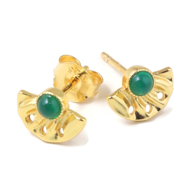 Ear studs, fan with green onyx and 3-eyes, gold-plated silver, 10x7,5 mm, 2 pcs