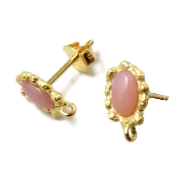 Earstuds with pink opal, gold-plated sterling silver, 11,5x7x14mm, 2pcs.