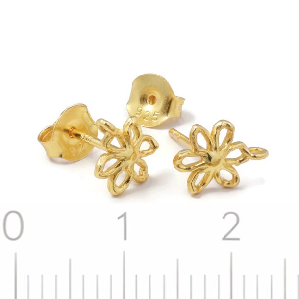 Open flower stud earrings with loop, 18K gold-plated silver, 10x7.4 mm, 2 pcs