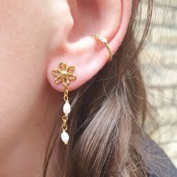 Open flower stud earrings with loop, 18K gold-plated silver, 10x7.4 mm, 2 pcs