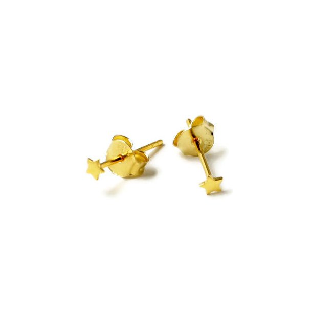 Earstuds with small star, gold-plated silver, width 4 mm, length 12mm, earnuts incl, 2pcs