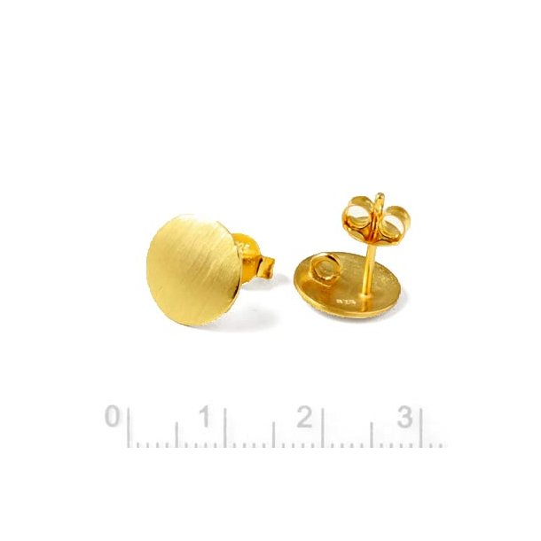 Earstuds with brushed rounded coin, gold-plated silver, diameter 10mm, 2pcs