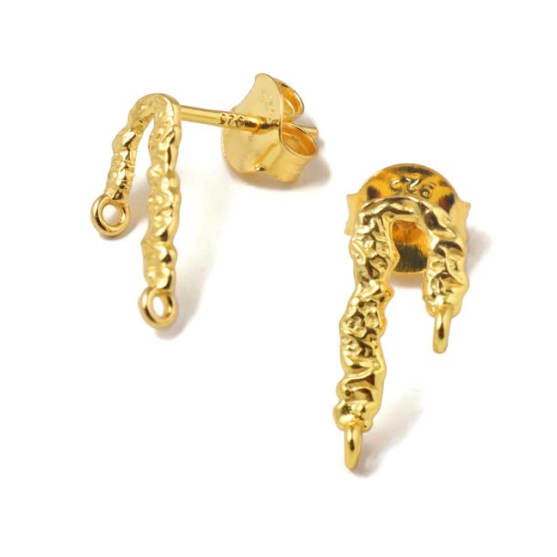 Ear studs, coral branches with eyelets, hammered, 14x6 mm, gold-plated silver, 2 pcs.
