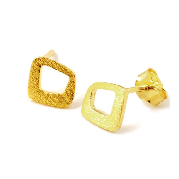 Earstuds, brushed, leaning square shape, gilded silver, 12x7x7mm, 2pcs