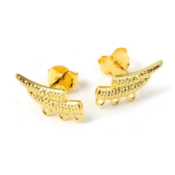 Ear stud, wing with 3 eyelets, hammered, 14.5x6,5 mm, gold-plated silver, 2 pcs