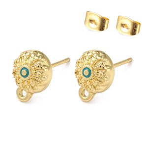 Ear studs, faceted with green spot and loop, 18K gold-plated brass, 10.5x8 mm, 2 pcs