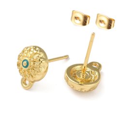 Ear studs, faceted with green spot and loop, 18K gold-plated brass, 10.5x8 mm, 2 pcs